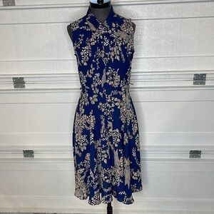 Nanette Lepore Navy Blue & Tan Floral Bird Button Front Sleeveless Dress Size 4